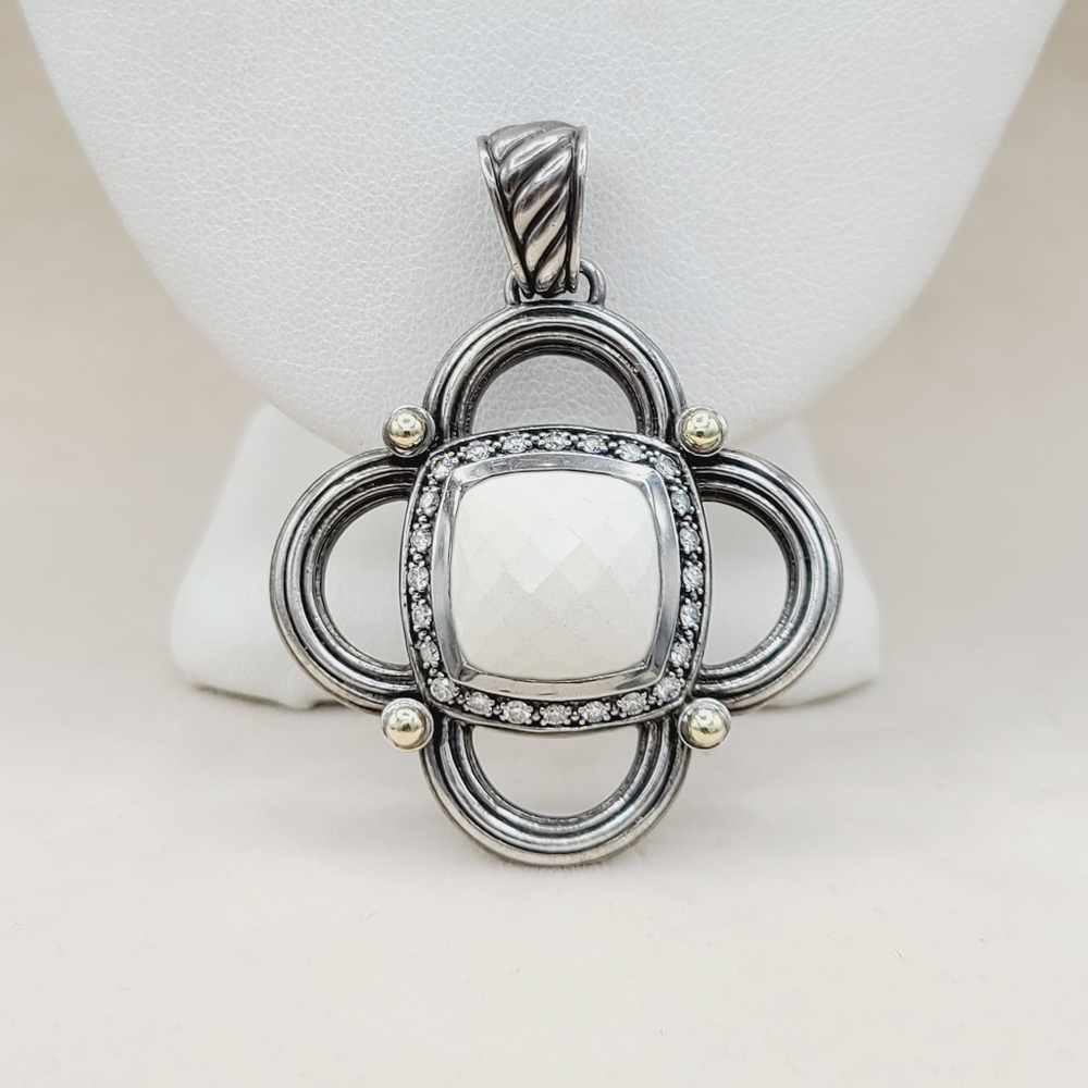 David Yurman Renaissance White Agate Diamond Pendant Enhancer With Gold - Picture 1 of 16